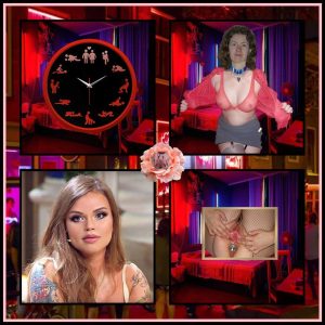 Collage of red-lit bedroom panels with a round clock face, portrait of a woman with long hair, and small inset close-ups.